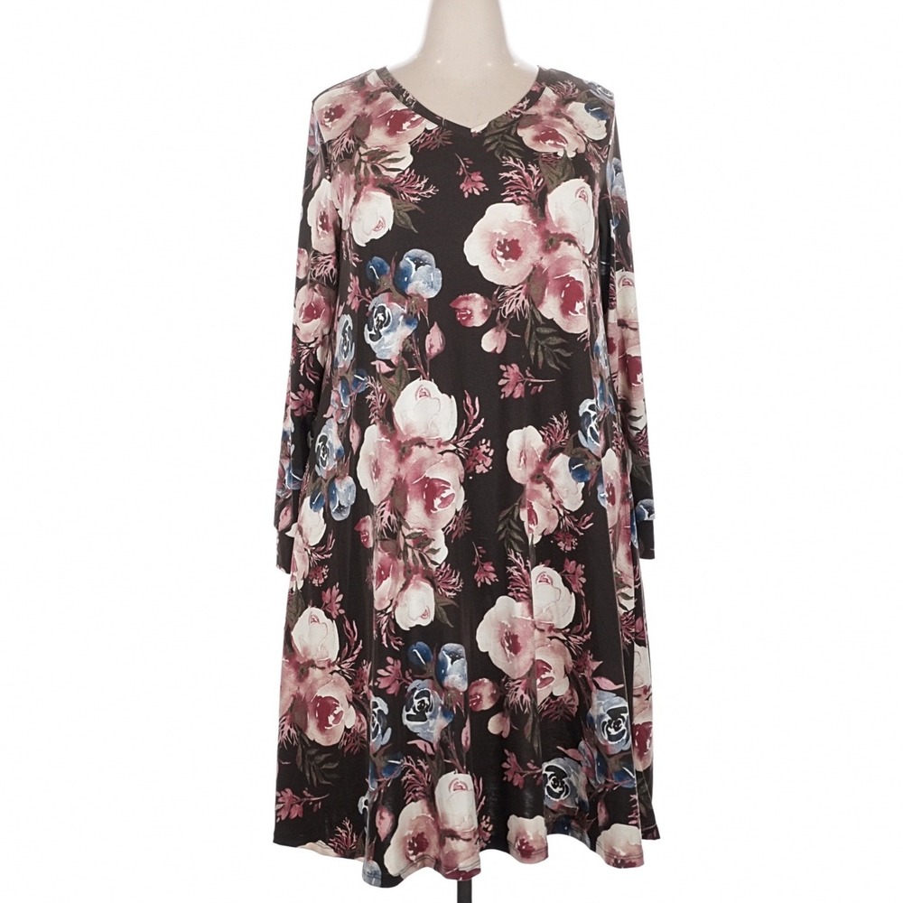 LuLaRoe Womens Emily Dress 2XL Brown Pink Blue Floral Long Sleeve V-Neck NWT